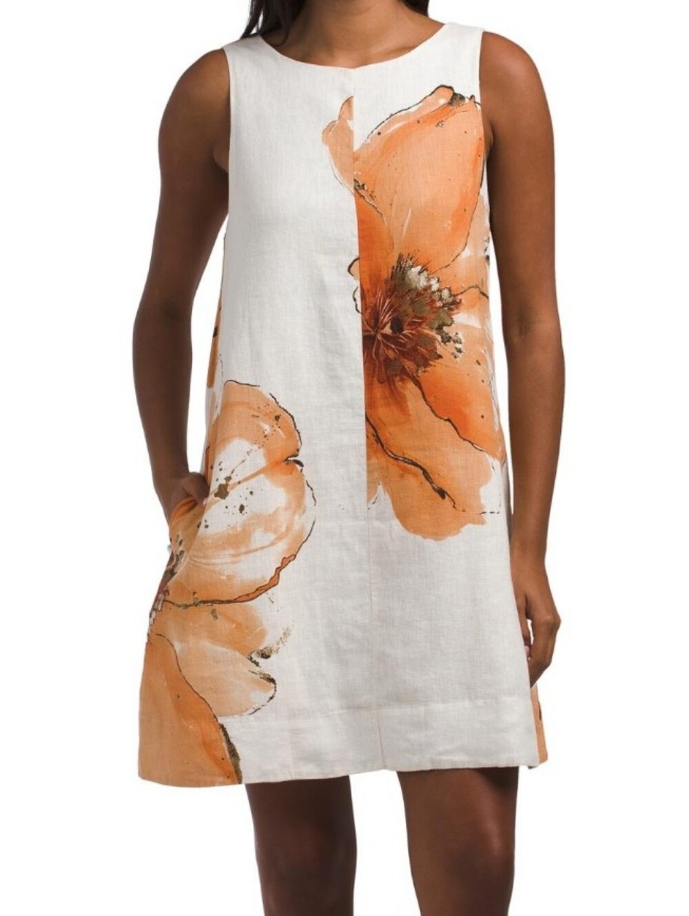 Calypso St. Barth Linen Cream A-line Dress w/Orange Floral Panels NWOT Sz Large